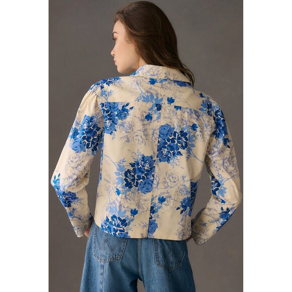 Anthropologie Porridge Ria Boxy Shirt Jacket Embroidered Spring Blue Off-white - Picture 4 of 15